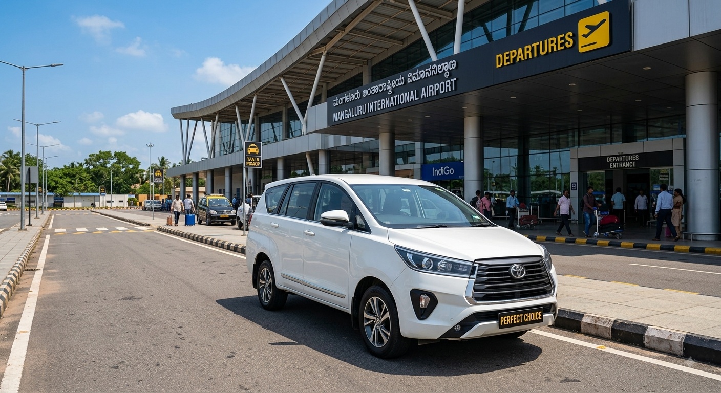 White Toyota Innova Crysta SUV parked at Mangaluru International Airport - Self Drive Cars in Mangalore